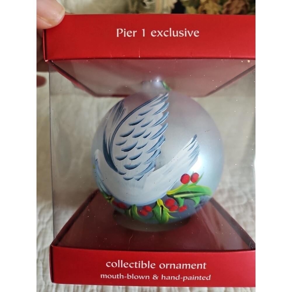NEW Pier 1 Imports Peace on Earth Dove Mouth Blown Glass Christmas ORNAMENT 4”
